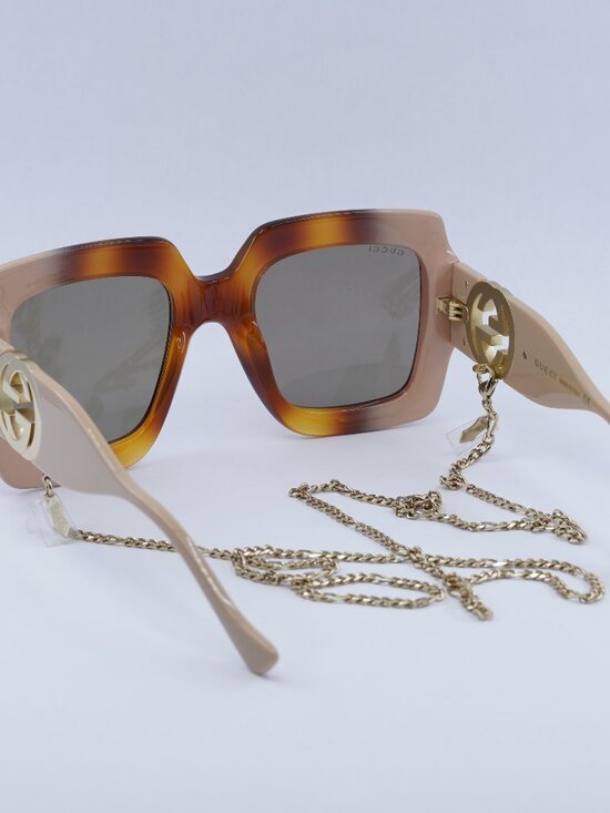 Gucci GG1022S 003 Square Sunglasses -Havana Gradient Ivory/Brown with Gold Chain main image 7